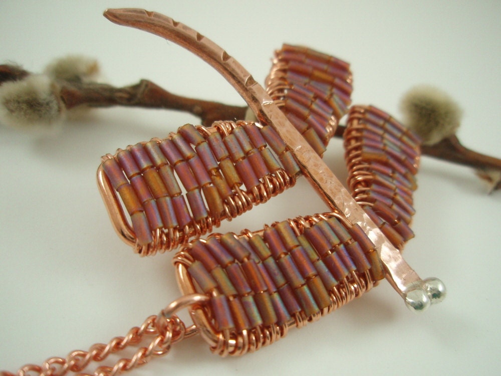 Handmade Copper and Sterling Silver Dragonfly Irridescent Matte Peach Beaded Wings Pendant Necklace / Brandy The Dragonfly