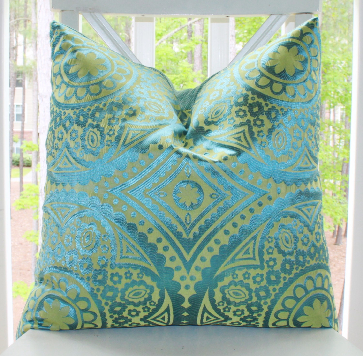 Designer Turquoise Pillow - 18 x 18 Blue Green Geometric Scroll Pillow Cover -  Blue Green Decorative Throw Pillow