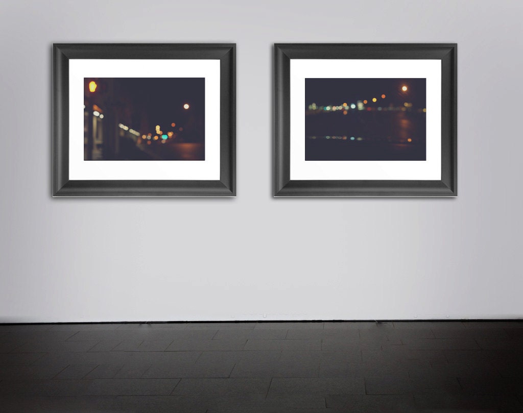 SET OF 2, Urban Street Photos, Bokeh Lights, Night Photography, Modern Black Decor, Color Fine Art Photography 8x10 Wall Prints