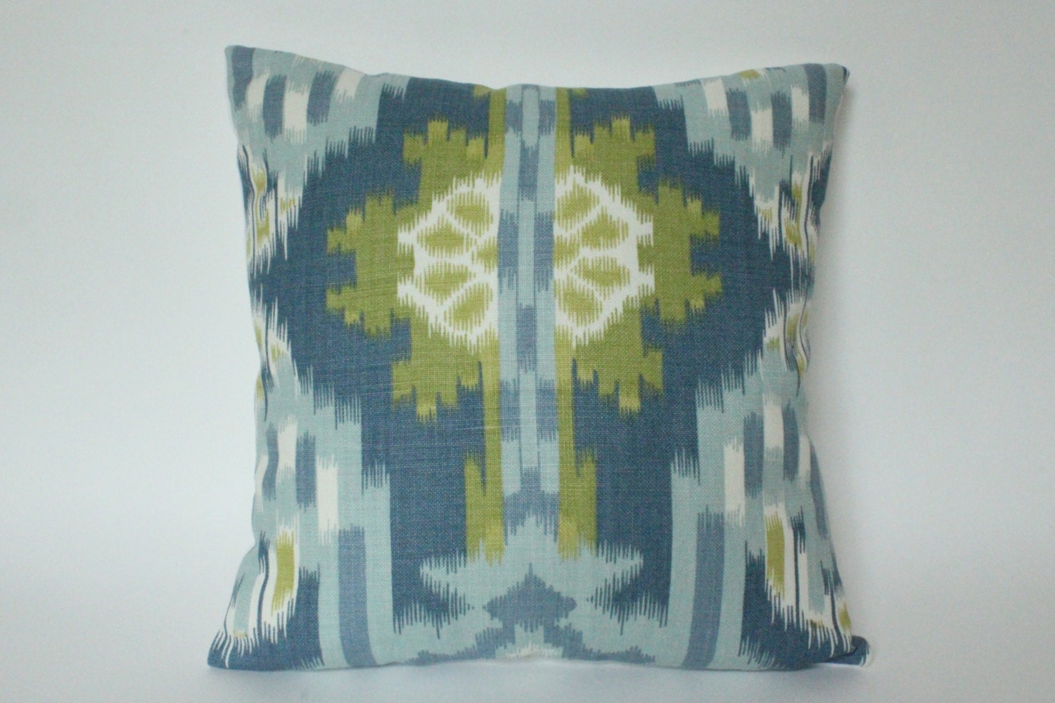 Designer Blue and Green Ikat Pillow Cover in Kiribati Ikat Print onBoth Sides