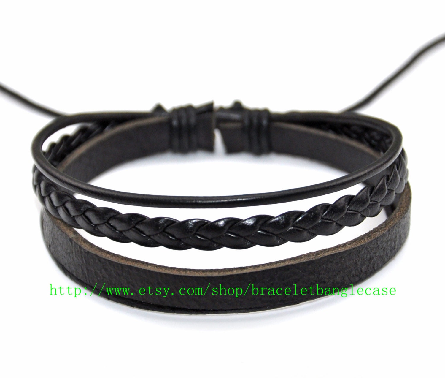 Black leather bracelet cuff bracelet with leather woven for men or women cuff bracelet unisex bracelet   d-34