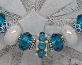 TURQUOISE TEMPTATION NECKLACE: 18" European Style Larage Hole Bead Turquoise White Silver Accessory Gift