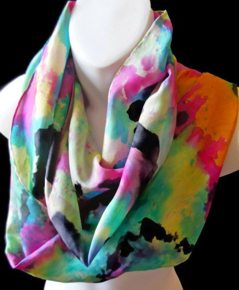 Cosmic Colors/ SILK SCARF.  Hand Painted Silk Scarf by New York City  artist Joan Reese / 100% Silk/14"x72"