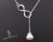 SALE, 10% OFF: Infinity and pearl lariat necklace in white gold, infinity necklace, wedding jewelry, bridesmaid
