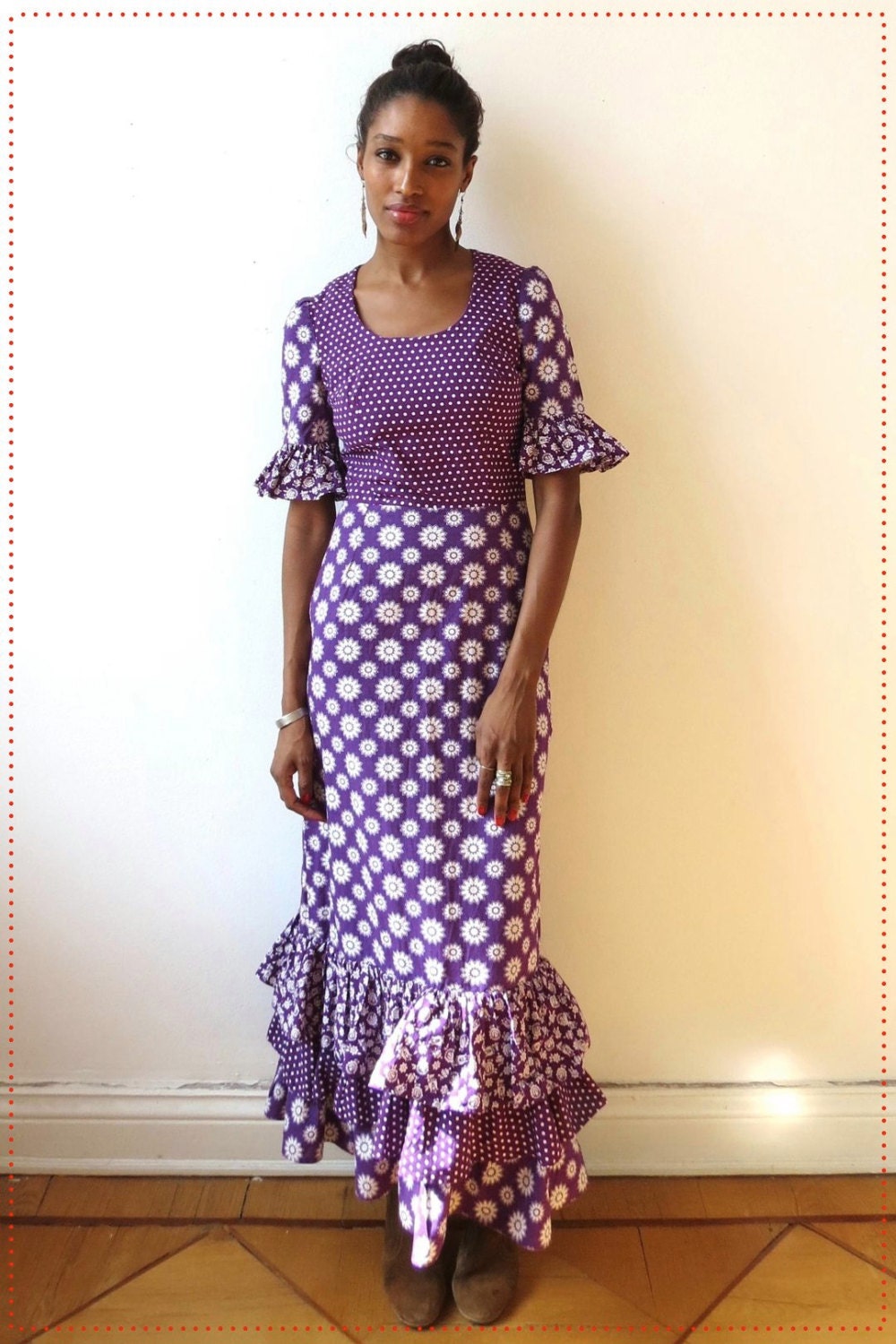 Bohemian Ruffled Patterned Purple Maxi Dress