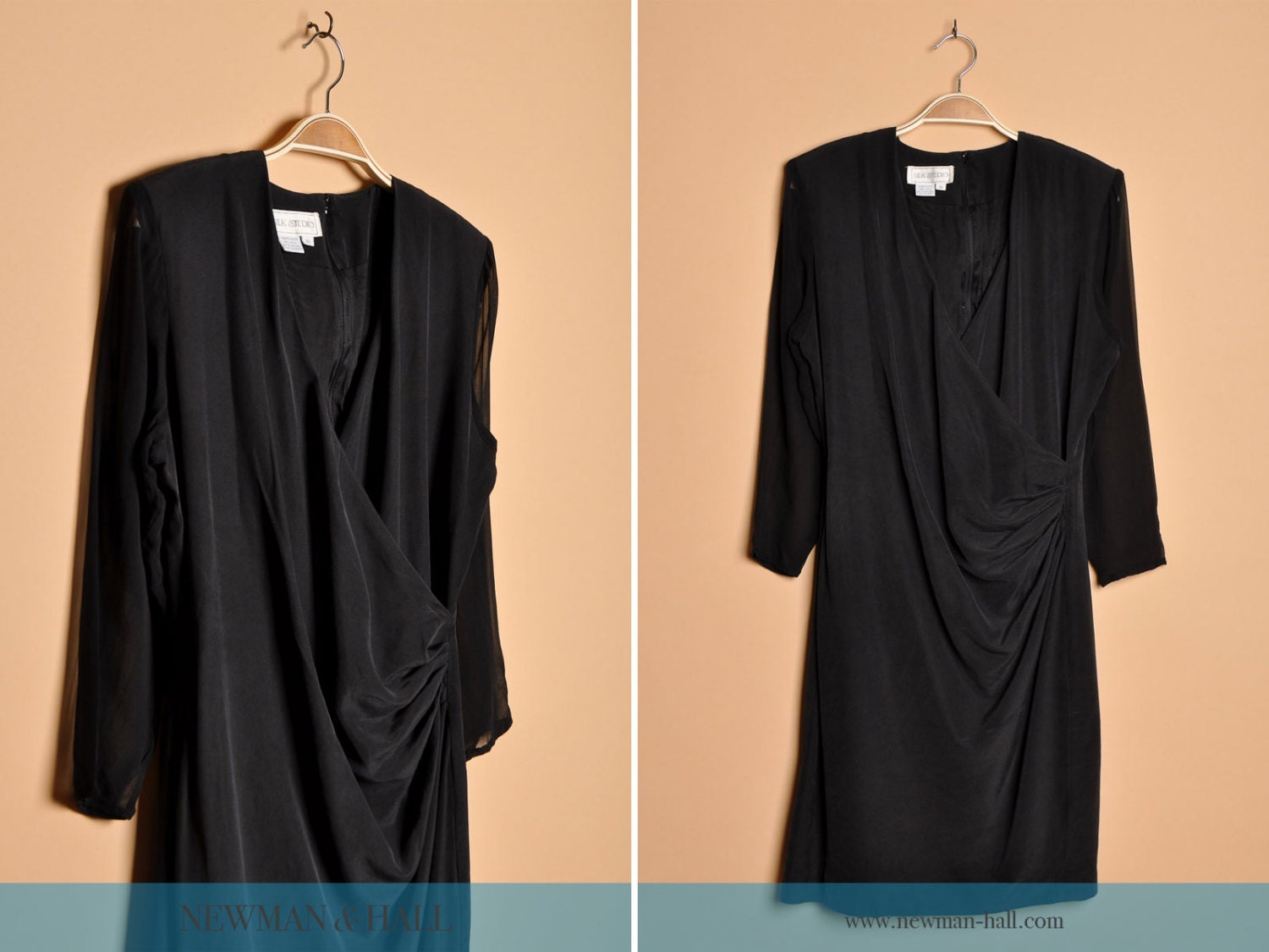 Vintage 1990s Black Silk Cocktail Dress with Sheer Sleeves, By Silk Studio, Size Medium