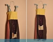 Vintage 1990s Mixed Print Boho Maxi Dress with Floral and Corduroy Details, Size XS Small Extra