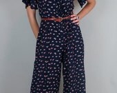 SPRING SALE Sweet Navy and Pink Floral One Piece Capri Romper with Sailor Top Tie Front and Short Flutter Sleeves Size Small