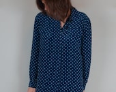 SPRING SALE Blue Silk Long Sleeve Polka Dot Shirt Dress// Collared Shirt Dress//Size Medium