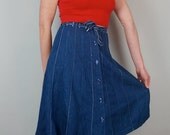 SPRING SALE 70s Denim Skirt// 70s Jean Skirt// Drawstring Waist Jean Skirt// High Waisted Button Up Jean Skirt