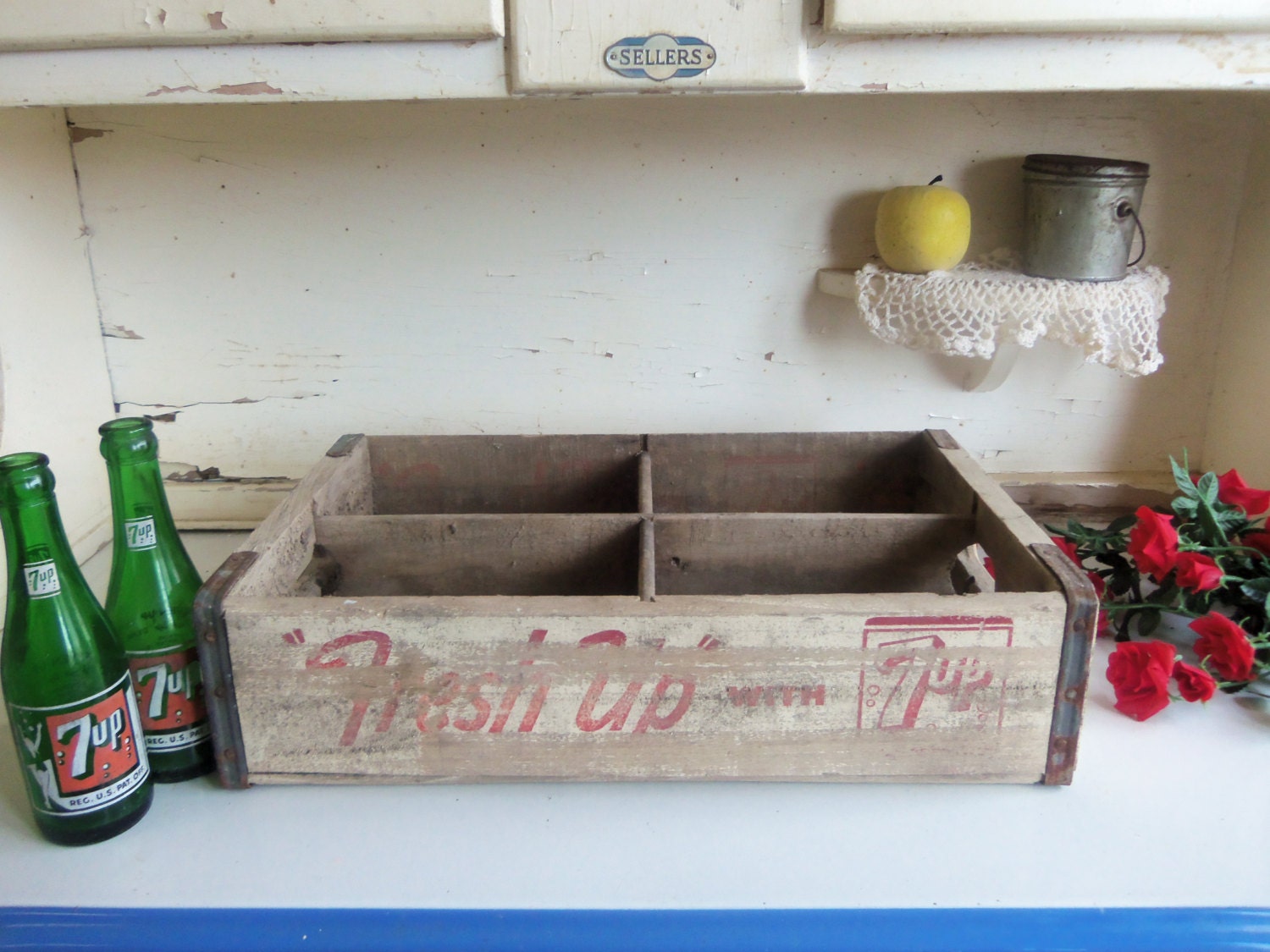 RESERVED FOR ANDREA   Vintage Wooden 7 Up Crate with Wood Dividers Rustic Primitive