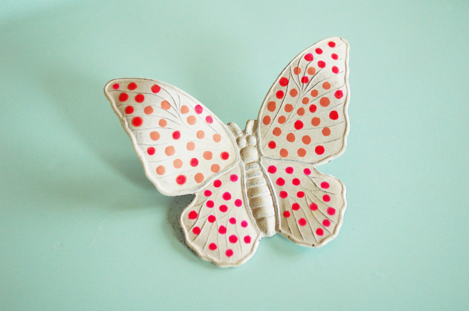 Butterfly Enamel Hand painted Vintage brooch pin - Shabby Chic - Hot Pink and Creamy white