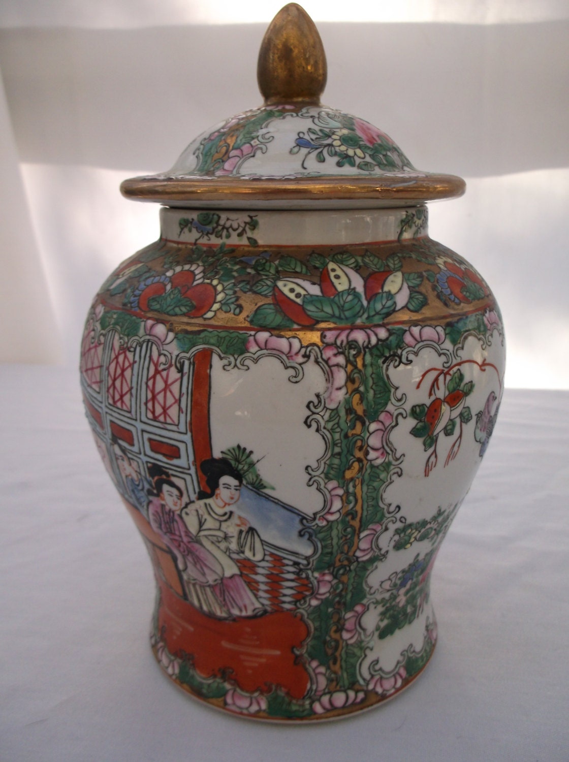Temple Jar -Chinese Famille Rose Canton Medallion Porcelain Mandrin Jar Lid Urn Vase- Hand Painted  Oriental Home Decor- Collectible