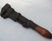 Antique Adjustable Pipe or Monkey Wrench -Wood Handle  - Home Farm Railroad Auto Primitive Tool - Man Cave Farmhouse Rustic Collectible