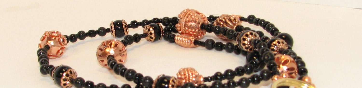 Black Agate and Rose Goldplated Beaded Eyeglass Chain Lanyard Leash Necklace - Id Badge Lanyard Key Holder - Name Tag Teachers and Nurses