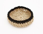 Chunky crocheted basket vessel in 3 ply thick natural jute with coloured detail trim - large