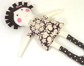 Cloth Rag Doll, Girl Toy , Dark Brown Hair, Short Stripes , Broen White Floral Dress , Modern Eco Friendly Doll, Toy