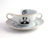 SALE Altered  Frida Kahlo Cereal Bowl Soup Mug Porcelain Vintage Mexico Recycled Redesigned Painter Artist White