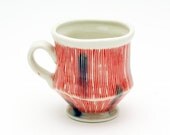 Handmade Porcelain Mug with Red Stripes and Blue, Runny Dots