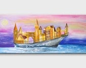 Acrylic painting on canvas Seascape Ship Houses Buildings City Travel Sunset Pastel colors - Home decor - Wall art - Original painting
