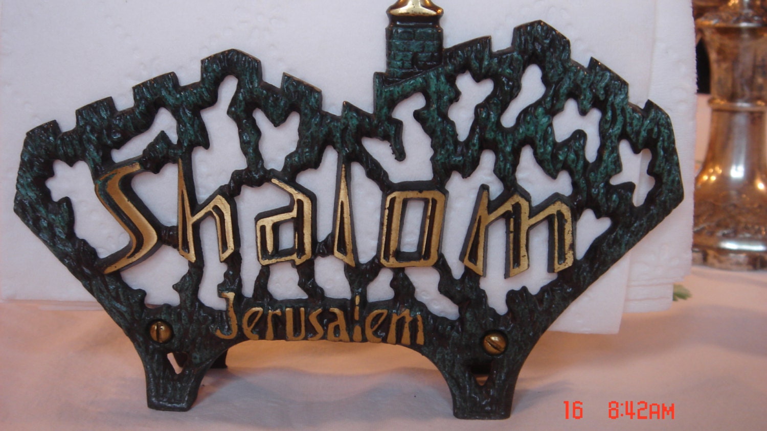 1950s Napkin Holder, Letter Holder, King David tower in Jerusalem, Made in Israel, Green, gold and black