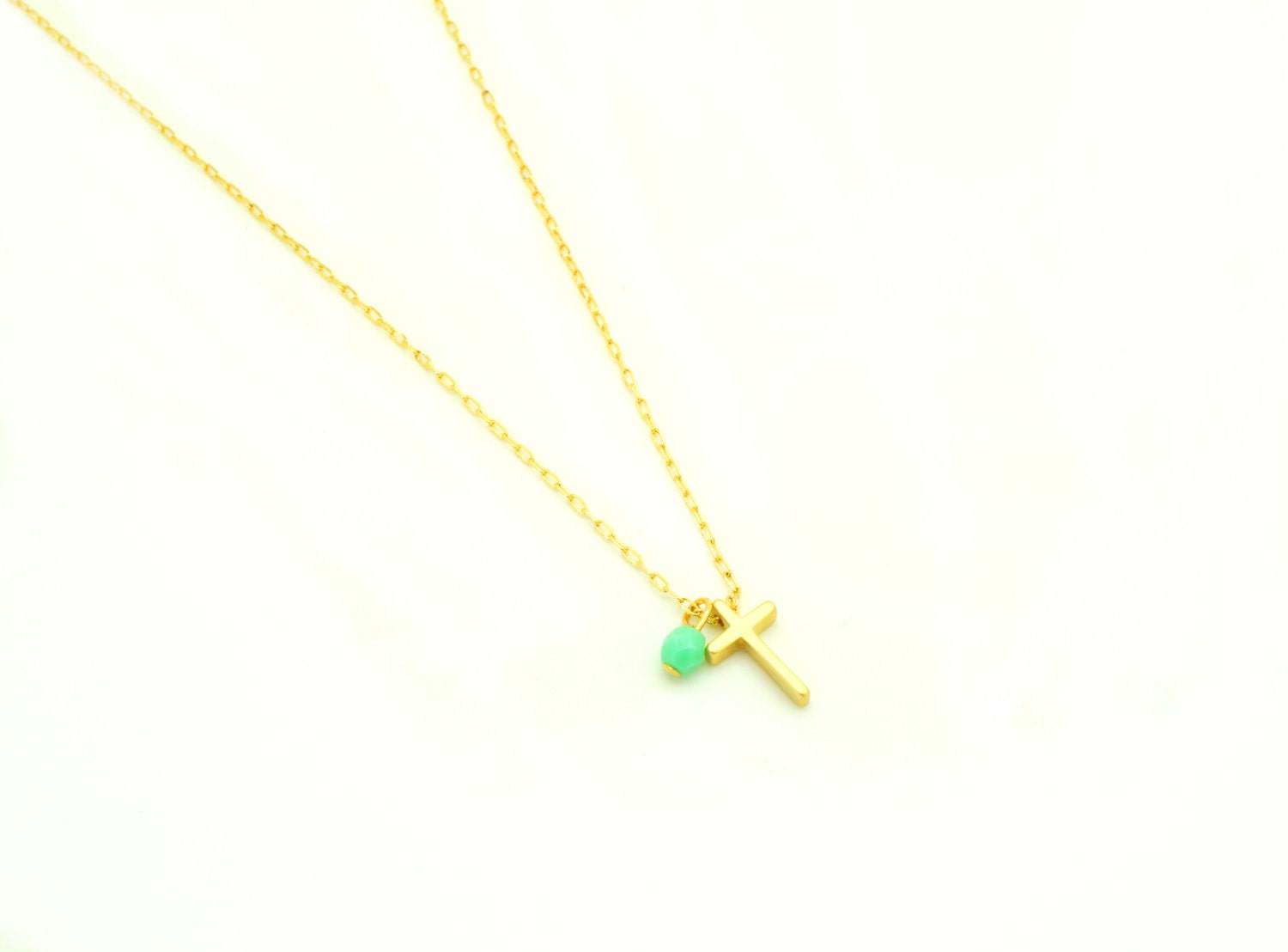 Tiny Gold Cross Necklace w/ Mint Pendant - Delicate Gold Cross Necklace (available also in Silver)