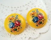 Vintage 24mm Yellow Rose Floral Decal Cabochons Lucite (2)