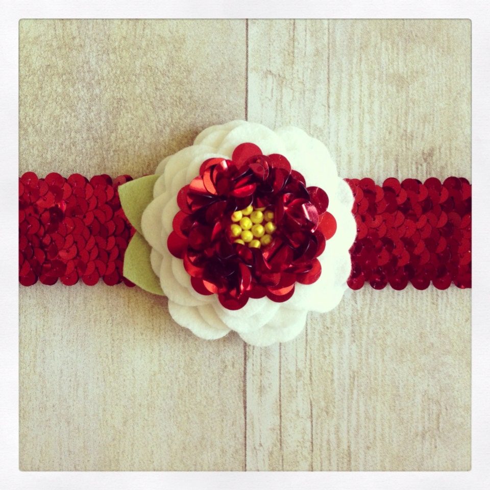 Nautical 4th of July red sequin and wool felt flower baby headband