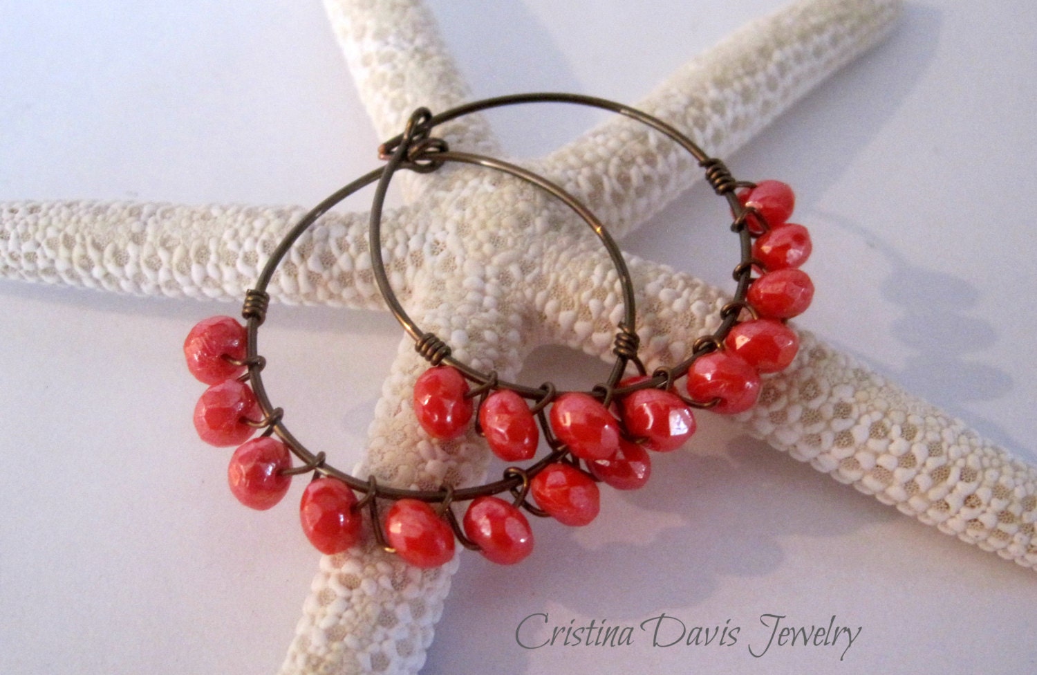 Beaded Wire wrapped hoop earrings, Coral Luster, Antique Brass, Boho Chic, Mother's Day, Gifts