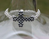 Sideways Cross Bracelet, Swarovski Pearl Cross Bracelet, Church Religious Jewelry, Dark Grey Pearl Cross, Customize Your Cross Bracelet