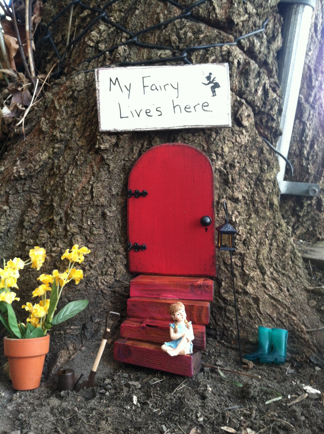 Mothers Day Gift, Garden Fairy Set, Red fairy door, unique gift, housewarming gift.