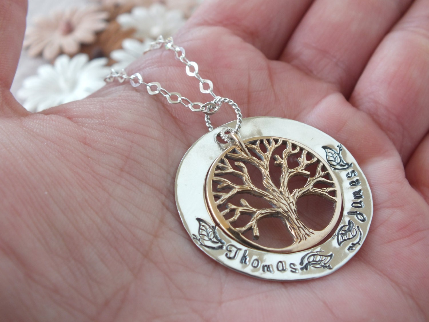 Hand Stamped Mommy Necklace - Personalized Jewelry - Sterling Silver Family Tree Pendant - washer - My large Family tree of life,bronze