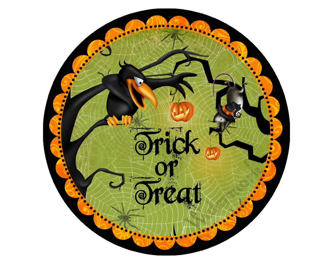 Printable Halloween Crow in Spooky Tree with Witch Rat Cupcake Toppers or Gift Tags 2 1/2"