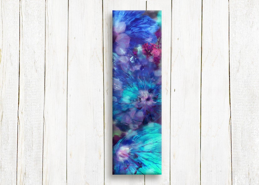 Blue floral art, long canvas print, 20"x6", FREE SHIPPING