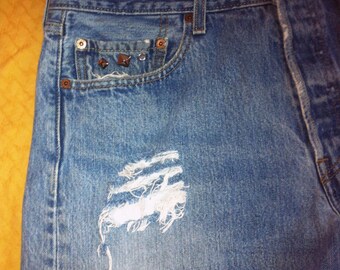 Studded Levis Distressed Blue Shorts Distressed High Waisted  Silver & Gold Studs Size 34W