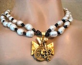 Statement Boho Double Layer Leather Beaded Pearl Necklace, Choker with Hammered Gold Maltese Cross, Fleur de Lis, Ancient Coin