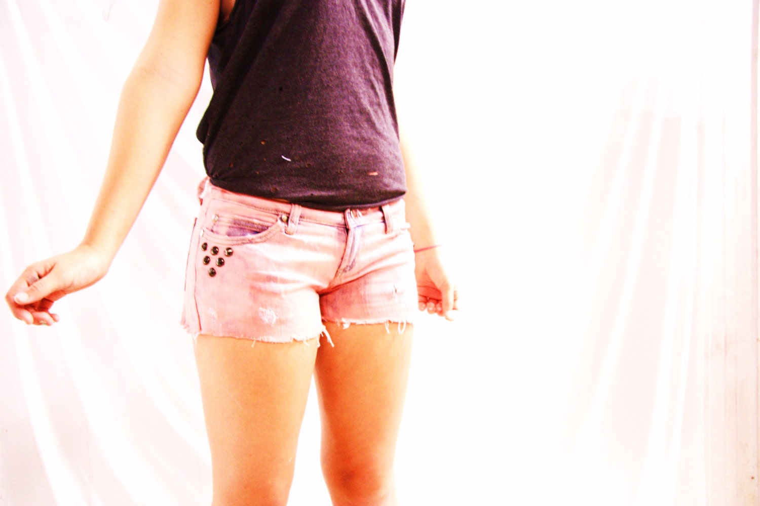 NEON BLUSH CUTOFFS Denim distressed shorts studded upcycled pink fluro dye frayed festival cut off 8