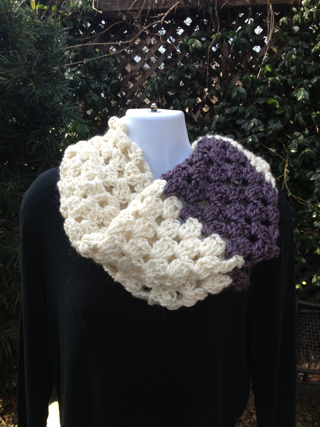 Ivory and purple crocheted cowl  FREE SHIPPING