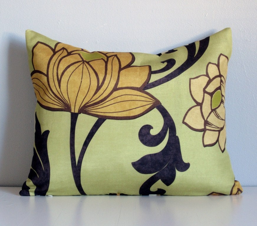 Bright and Colorful Decorative Throw Pillow Cover-Green Orange Floral and Stripes 14x17