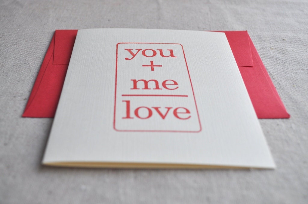 Hand Stamped I Love You Card, You Plus Me Equals Love, Love Equation Math Card, Handmade I Love You Card, Humerous Love, Funny Love