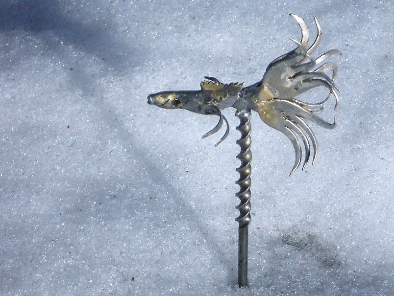 Beta Fish Metal Sculpture Plant Stake Yard Art Garden Art Found Objects