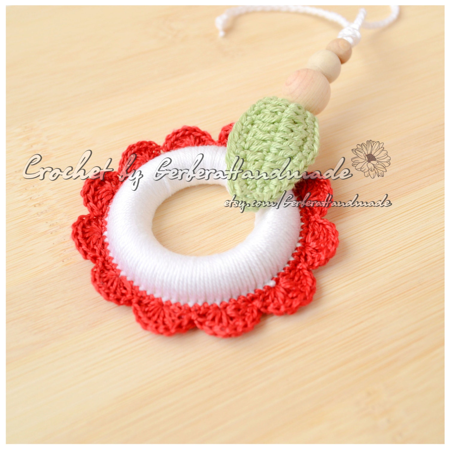 Red Crochet baby toy - Wooden teether - Sling accesory toy - Motor skills development READY TO SHIP