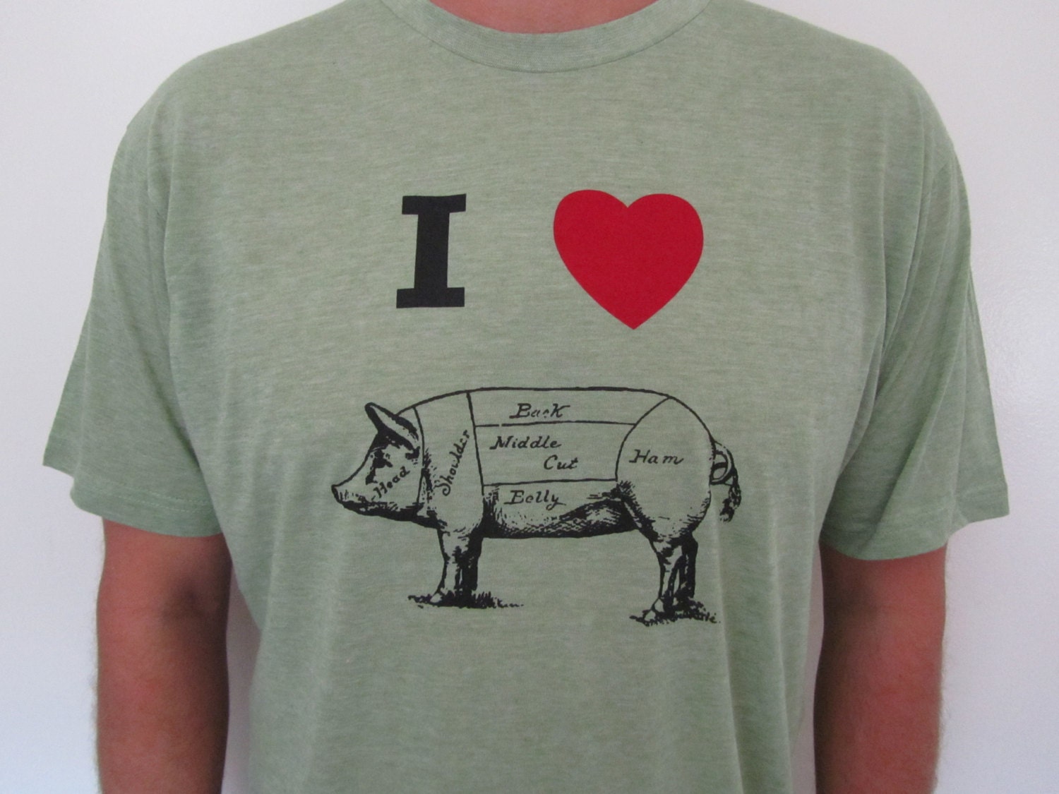 Men's "I Heart Butcher Pig" Foodie T-shirt in many colors and sizes.