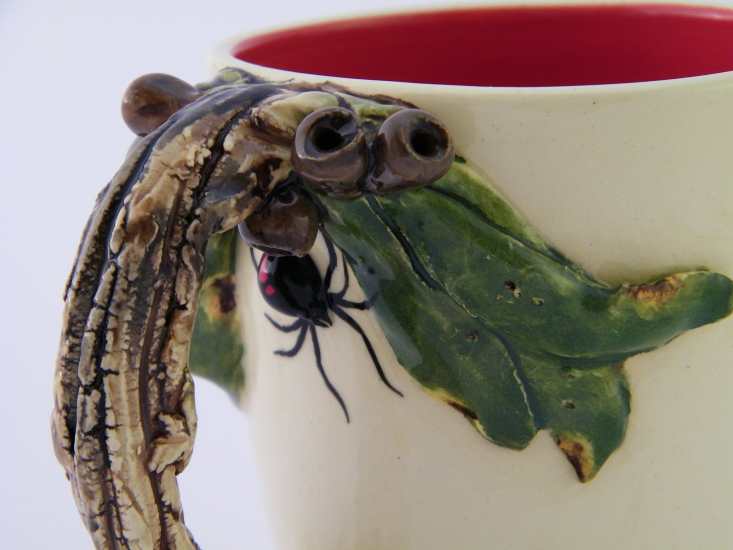 Pottery Mug/Cup Wheel-formed, Features Australian Redback Spider, Ladybugs Gumnuts & Leaves