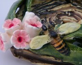 Tea Light Candle Holder / Incense Burner w/Sculpted Honey Bee, Ladybugs, Flowers & Leaves.