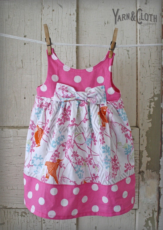 Girls, Toddlers, Babies, Spring Dress with Bow -Pink Dot with Bird Print
