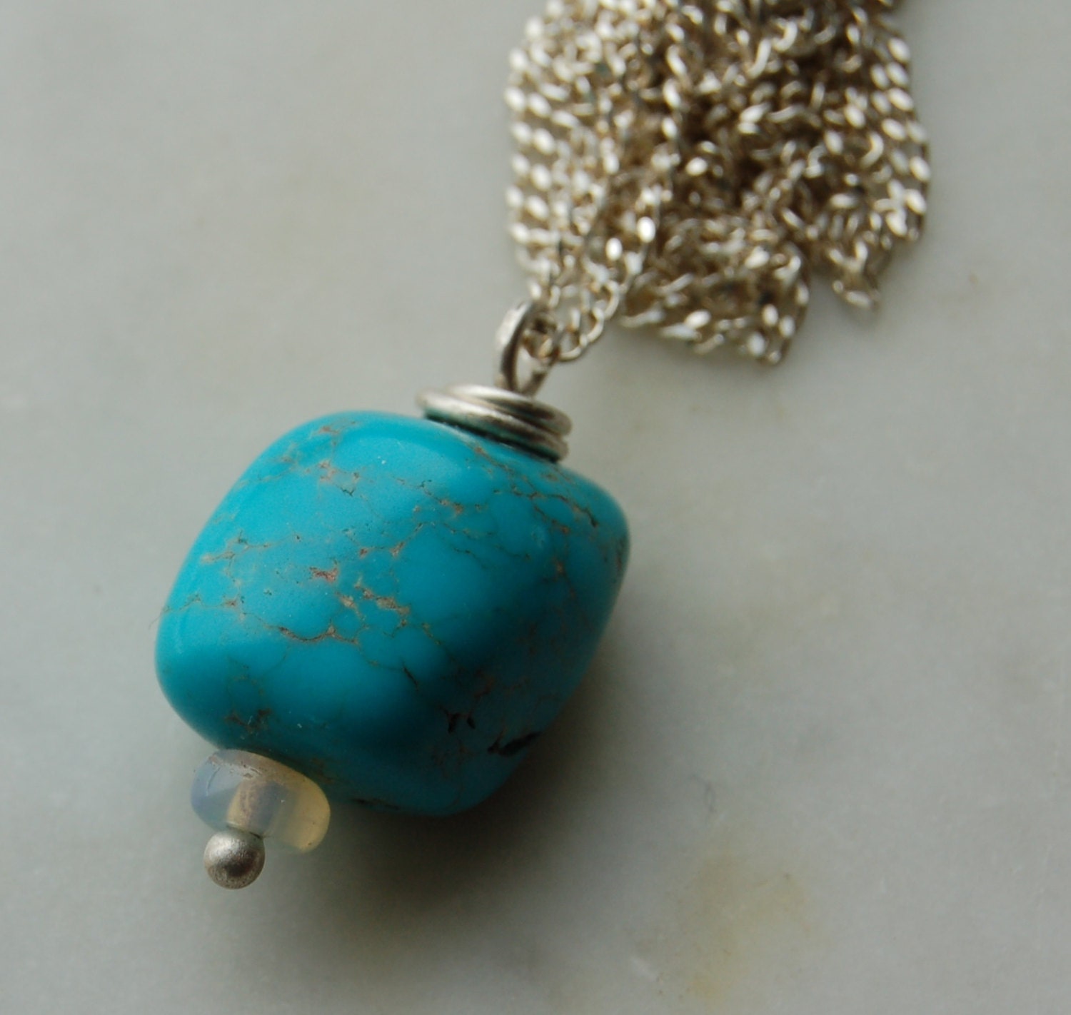 OOAK Turquoise and opal  bead pendant  - sterling silver wire wrapped and sterling silver chain by Reneux