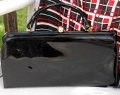 Vintage Theodor California clutch purse or handbag, black patent leather, silver tone clasp, mid century modern, 1950's-'60's era