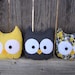 owl plush mini, stuffed owl, set, yellow,grey, black