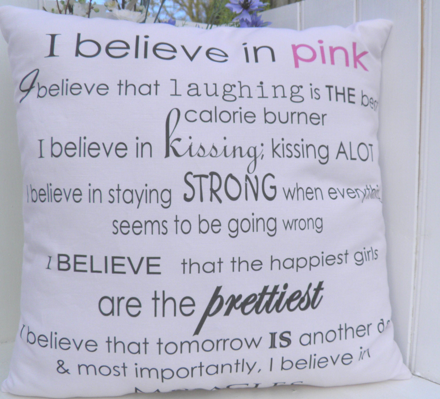 Audrey Hepburn Pink Canvas I Believe in Miracles Medium Mothers Day Pillow